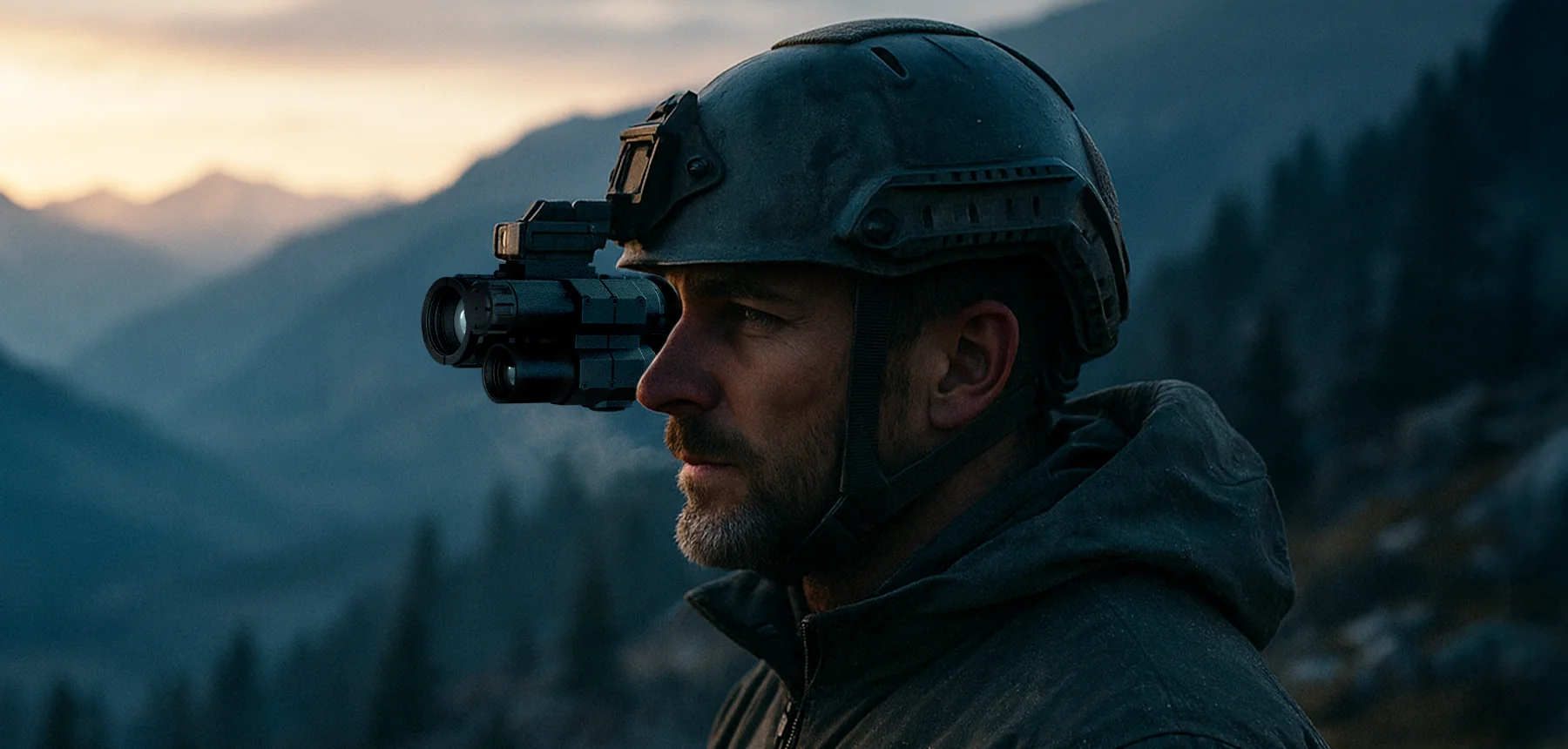 Side profile of a man in a helmet looking through a night-vision scope over a mountain landscape at dusk