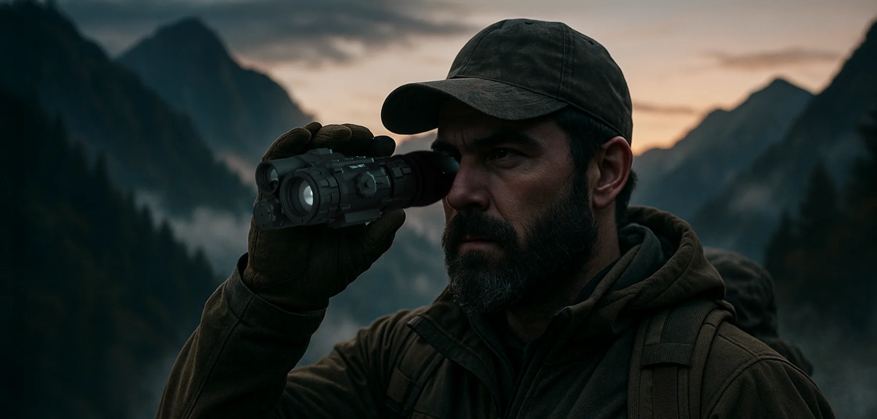 Man in a brown jacket and cap uses a spotting scope to scan a rocky mountain landscape at dusk.
