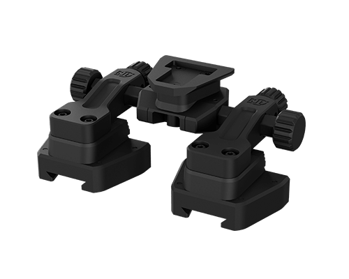 Pair of black adjustable camera mounting clamps with knurled knobs and a central quick-release plate.