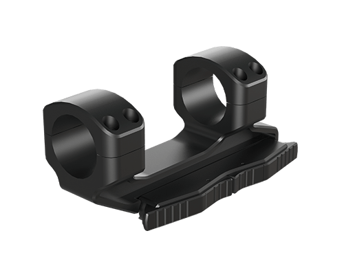 Black two-ring rifle scope mount with a Picatinny rail section underneath the rings and mounting base.