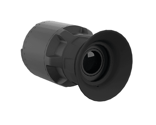 Gray cylindrical camera lens adapter with a black conical hood, front element exposed, product-style image for a camera accessory