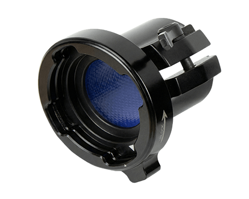 Black circular camera lens adapter with a blue-tinted inner element, shown from the side on a white background.