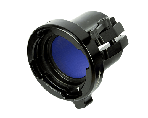 Black camera lens filter holder with a blue-tinted circular filter insert.