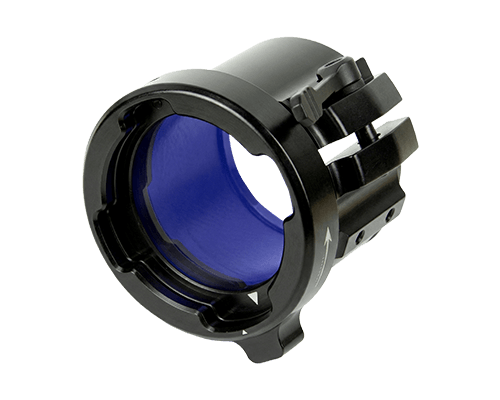 Black circular lens adapter ring with blue inner coating and mounting clamps, shown at an angle for installation reference.