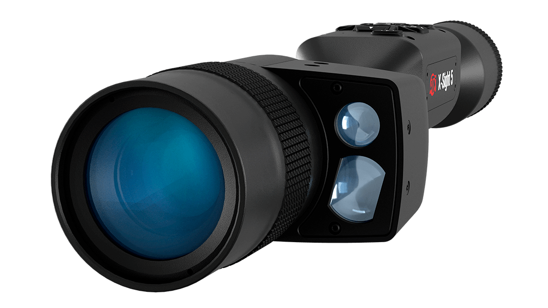 Black night-vision scope with a large blue-tinted front lens on a textured focus ring.