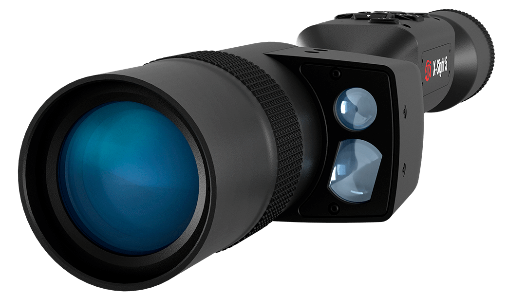 Black telephoto camera lens with a large blue-tinted front element and dual inner lenses.